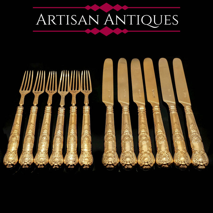 Antique Victorian Solid Silver Gilt Fruit/Dessert Knives & Forks Set of Six in Queens Pattern - Aaron Hadfield 1839 - Artisan Antiques