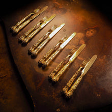 Load image into Gallery viewer, Antique Victorian Solid Silver Gilt Fruit/Dessert Knives &amp; Forks Set of Six in Queens Pattern - Aaron Hadfield 1839 - Artisan Antiques
