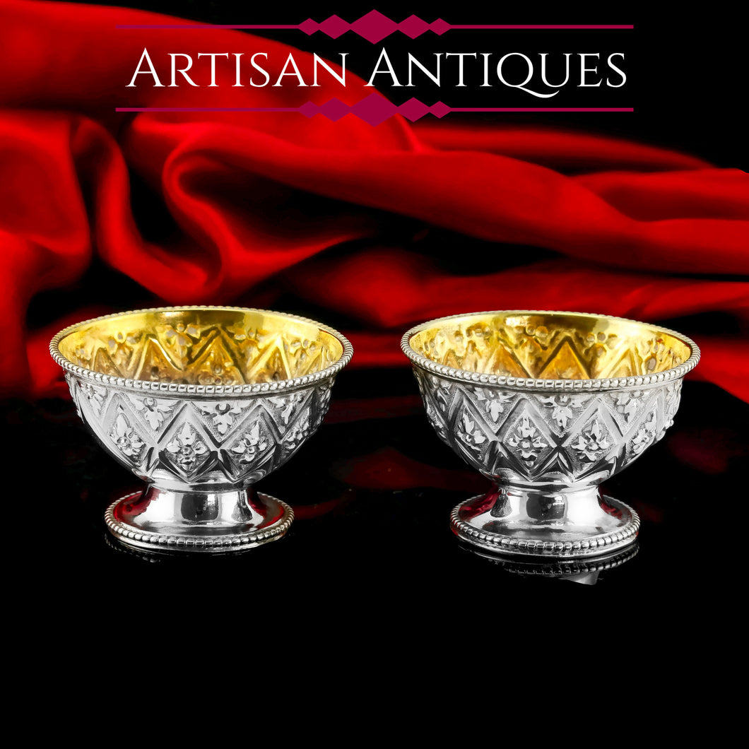 Antique Solid Silver Salt Cellars, Unique Abercorn Pattern - Robert Hennell 1870
