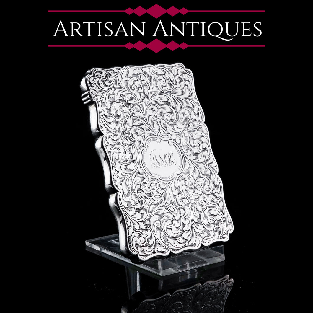 Antique Solid Silver Card Case Beautifully Hand Engraved Acanthus Motif - Edward Smith 1862