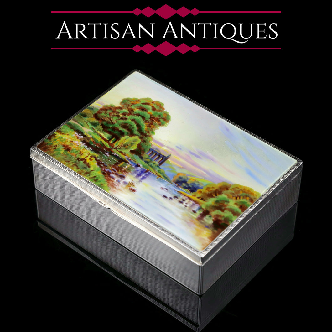 A Large Solid Silver Enamel Landscape Scene Box - London, AJ,1928