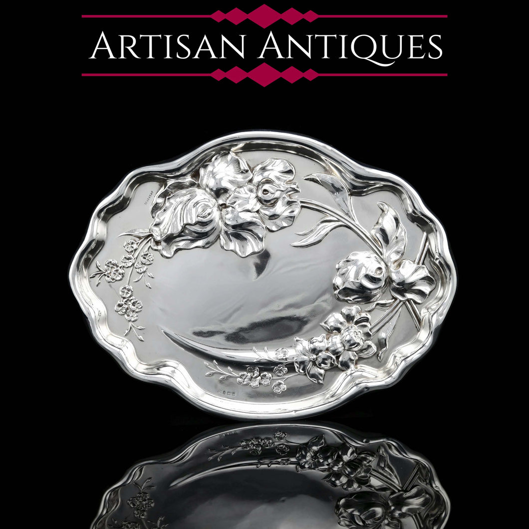 Antique Solid Sterling Silver Large Dish/Tray with Art Nouveau Floral Design - Thomas Bishton 1907 - Artisan Antiques