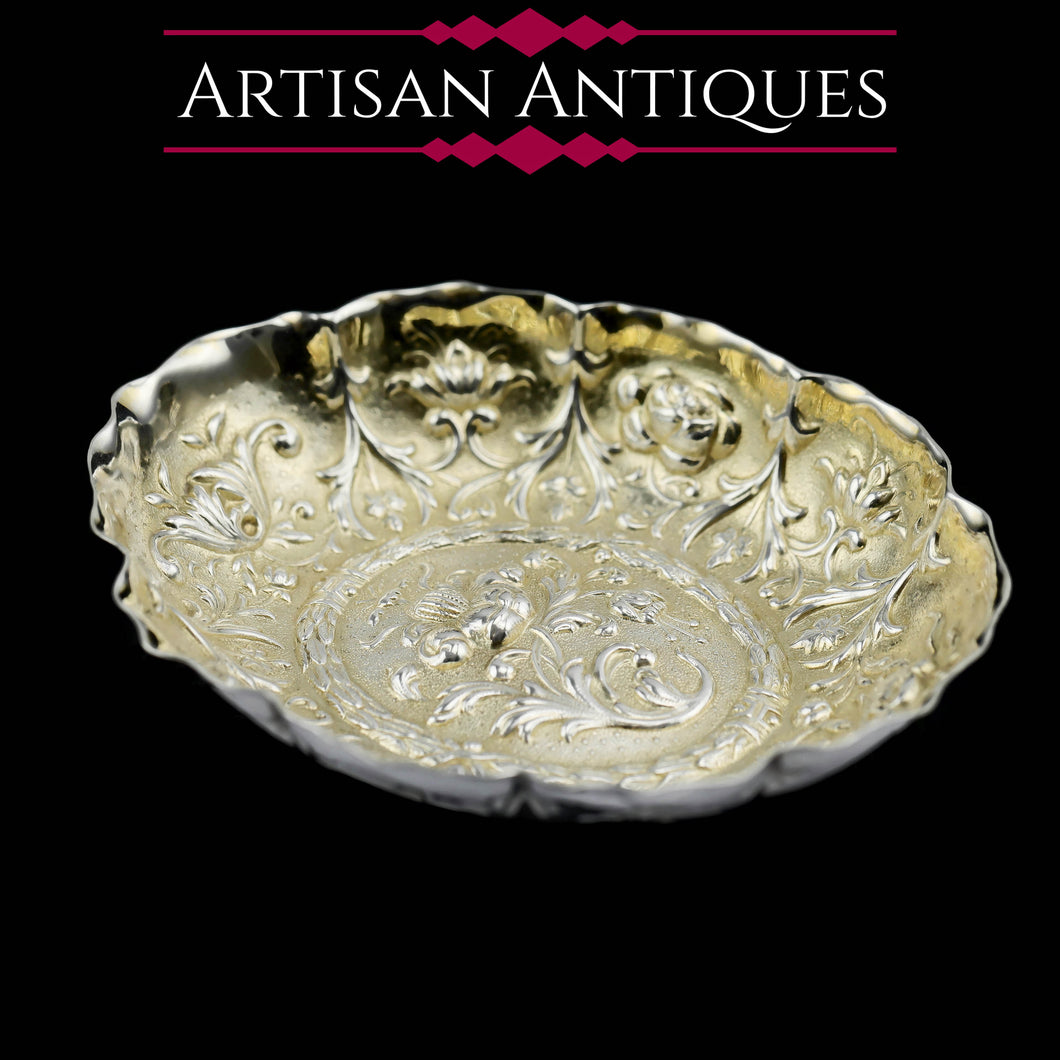 A Small Antique Victorian Solid Silver Bonbon/Nut/Pin Dish with Floral Chasing - William Comyns 1892