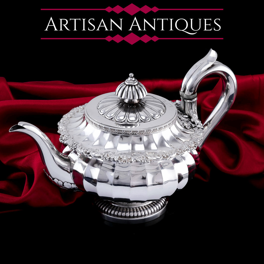 Antique Georgian Solid Silver Teapot Fluted Design by John Bridge (Rundell, Bridge & Rundell) 1827 - Top Maker