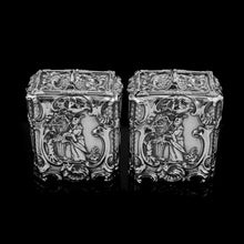 Load image into Gallery viewer, Antique Georgian Solid Sterling Silver Tea Caddy/Canister Pair with Chinoiserie Design - Tomas Heming 1752 - Artisan Antiques
