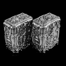 Load image into Gallery viewer, Antique Georgian Solid Sterling Silver Tea Caddy/Canister Pair with Chinoiserie Design - Tomas Heming 1752 - Artisan Antiques

