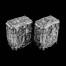 Load image into Gallery viewer, Antique Georgian Solid Sterling Silver Tea Caddy/Canister Pair with Chinoiserie Design - Tomas Heming 1752 - Artisan Antiques
