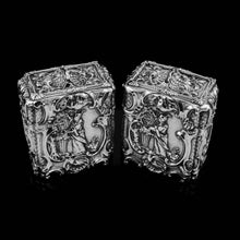 Load image into Gallery viewer, Antique Georgian Solid Sterling Silver Tea Caddy/Canister Pair with Chinoiserie Design - Tomas Heming 1752 - Artisan Antiques
