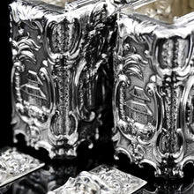 Load image into Gallery viewer, Antique Georgian Solid Sterling Silver Tea Caddy/Canister Pair with Chinoiserie Design - Tomas Heming 1752 - Artisan Antiques
