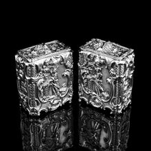 Load image into Gallery viewer, Antique Georgian Solid Sterling Silver Tea Caddy/Canister Pair with Chinoiserie Design - Tomas Heming 1752 - Artisan Antiques
