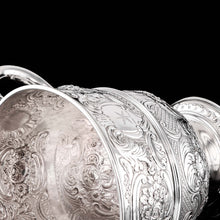 Load image into Gallery viewer, Antique Georgian Irish Solid Silver Large (1kg+) Two Handled Cup/Wine Cooler with Beautiful Floral Chasing - Dublin 1726
