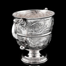 Load image into Gallery viewer, Antique Georgian Irish Solid Silver Large (1kg+) Two Handled Cup/Wine Cooler with Beautiful Floral Chasing - Dublin 1726
