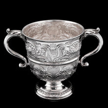 Load image into Gallery viewer, Antique Georgian Irish Solid Silver Large (1kg+) Two Handled Cup/Wine Cooler with Beautiful Floral Chasing - Dublin 1726
