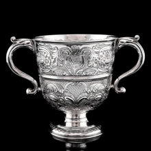 Load image into Gallery viewer, Antique Georgian Irish Solid Silver Large (1kg+) Two Handled Cup/Wine Cooler with Beautiful Floral Chasing - Dublin 1726
