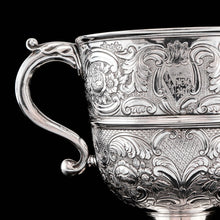 Load image into Gallery viewer, Antique Georgian Irish Solid Silver Large (1kg+) Two Handled Cup/Wine Cooler with Beautiful Floral Chasing - Dublin 1726
