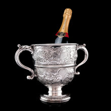 Load image into Gallery viewer, Antique Georgian Irish Solid Silver Large (1kg+) Two Handled Cup/Wine Cooler with Beautiful Floral Chasing - Dublin 1726
