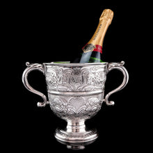 Load image into Gallery viewer, Antique Georgian Irish Solid Silver Large (1kg+) Two Handled Cup/Wine Cooler with Beautiful Floral Chasing - Dublin 1726
