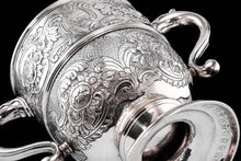 Load image into Gallery viewer, Antique Georgian Irish Solid Silver Large (1kg+) Two Handled Cup/Wine Cooler with Beautiful Floral Chasing - Dublin 1726
