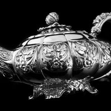 Load image into Gallery viewer, Antique Solid Silver Georgian Tea Set, &#39;Melon Shaped&#39; with Floral Chasing - Robert Hennell 1826
