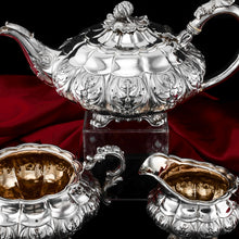 Load image into Gallery viewer, Antique Solid Silver Georgian Tea Set, &#39;Melon Shaped&#39; with Floral Chasing - Robert Hennell 1826
