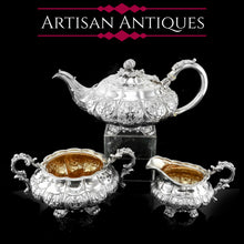 Load image into Gallery viewer, Antique Solid Silver Georgian Tea Set, &#39;Melon Shaped&#39; with Floral Chasing - Robert Hennell 1826
