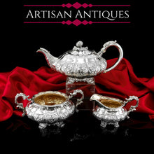 Load image into Gallery viewer, Antique Solid Silver Georgian Tea Set, &#39;Melon Shaped&#39; with Floral Chasing - Robert Hennell 1826
