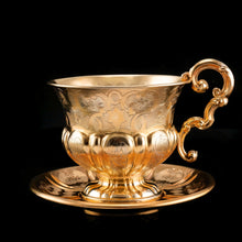 Load image into Gallery viewer, Antique Solid Silver Gilt Cup &amp; Saucer with Fine Engravings - c.1880
