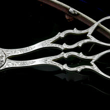 Load image into Gallery viewer, Antique Victorian Solid Silver Grape Scissors with Fine Engravings - John Gilbert 1865
