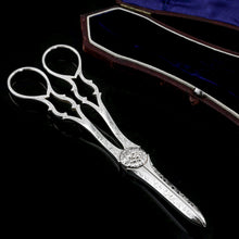 Load image into Gallery viewer, Antique Victorian Solid Silver Grape Scissors with Fine Engravings - John Gilbert 1865
