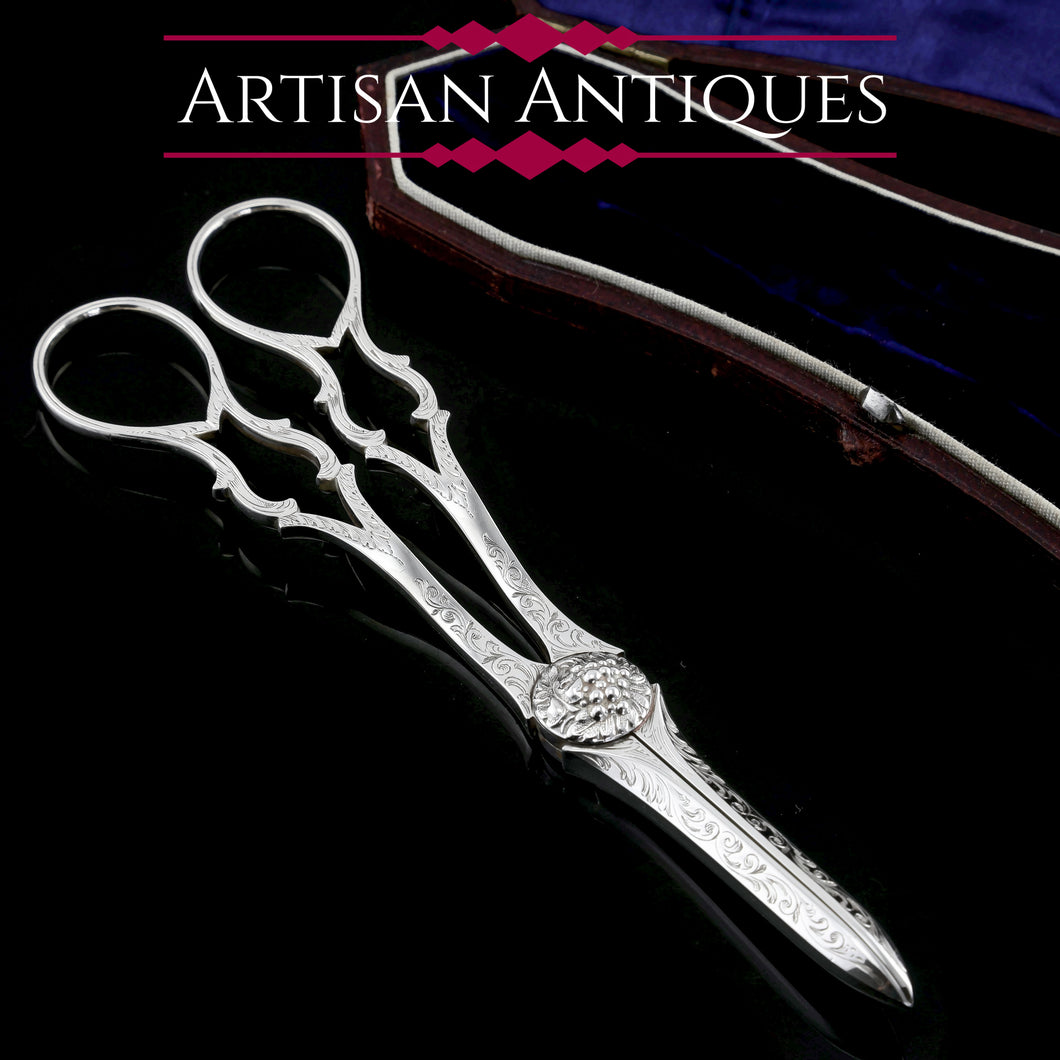 Antique Victorian Solid Silver Grape Scissors with Fine Engravings - John Gilbert 1865