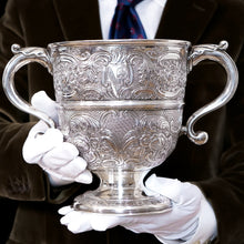 Load image into Gallery viewer, Antique Georgian Irish Solid Silver Large (1kg+) Two Handled Cup/Wine Cooler with Beautiful Floral Chasing - Dublin 1726
