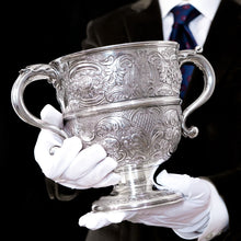 Load image into Gallery viewer, Antique Georgian Irish Solid Silver Large (1kg+) Two Handled Cup/Wine Cooler with Beautiful Floral Chasing - Dublin 1726
