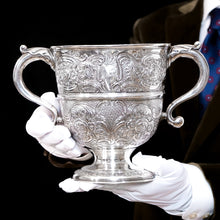 Load image into Gallery viewer, Antique Georgian Irish Solid Silver Large (1kg+) Two Handled Cup/Wine Cooler with Beautiful Floral Chasing - Dublin 1726
