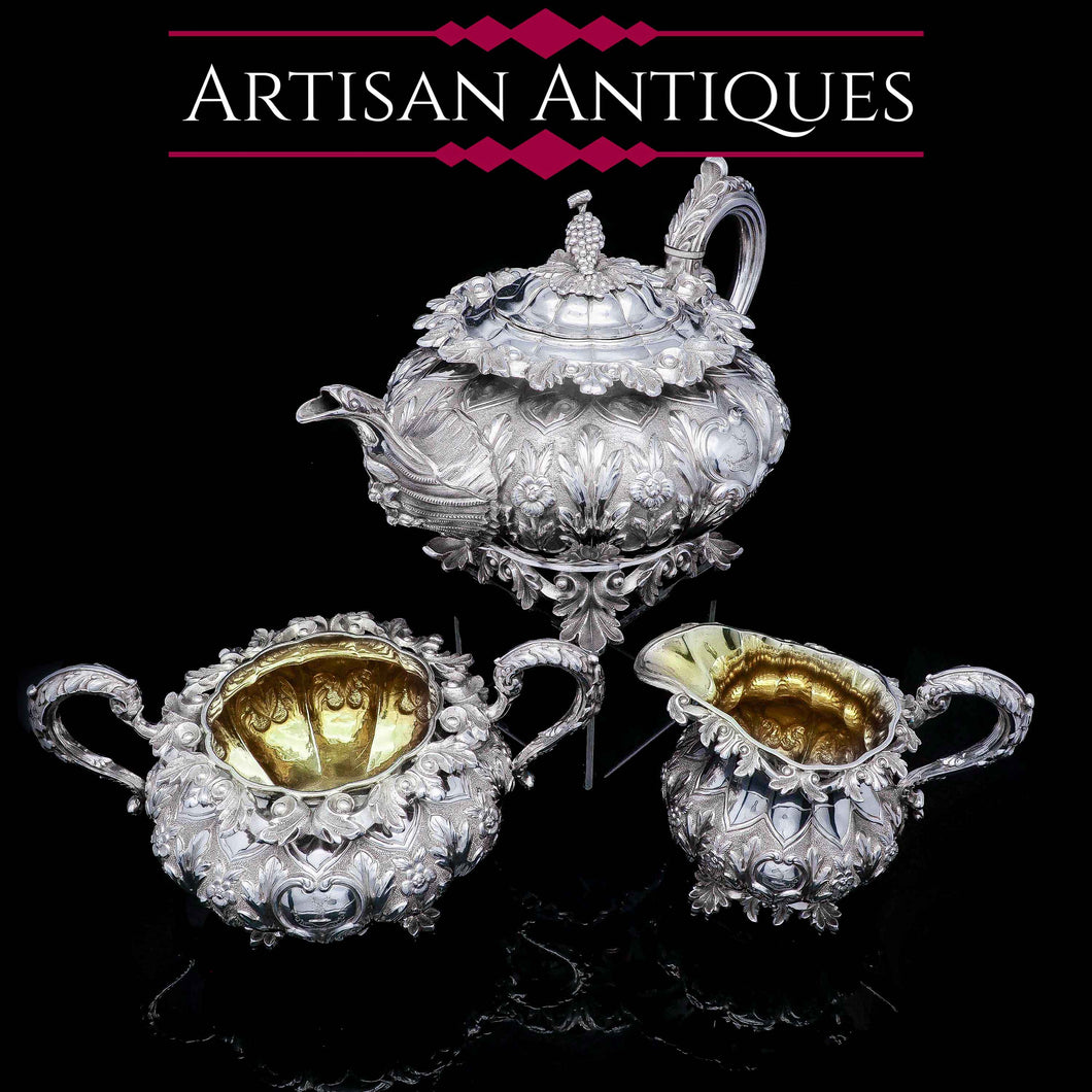 RESERVED - A Spectacular Antique Solid Silver Tea Set/Service with Highly Decorative Embossed/Chased Design - R W Smith 1837 - Artisan Antiques