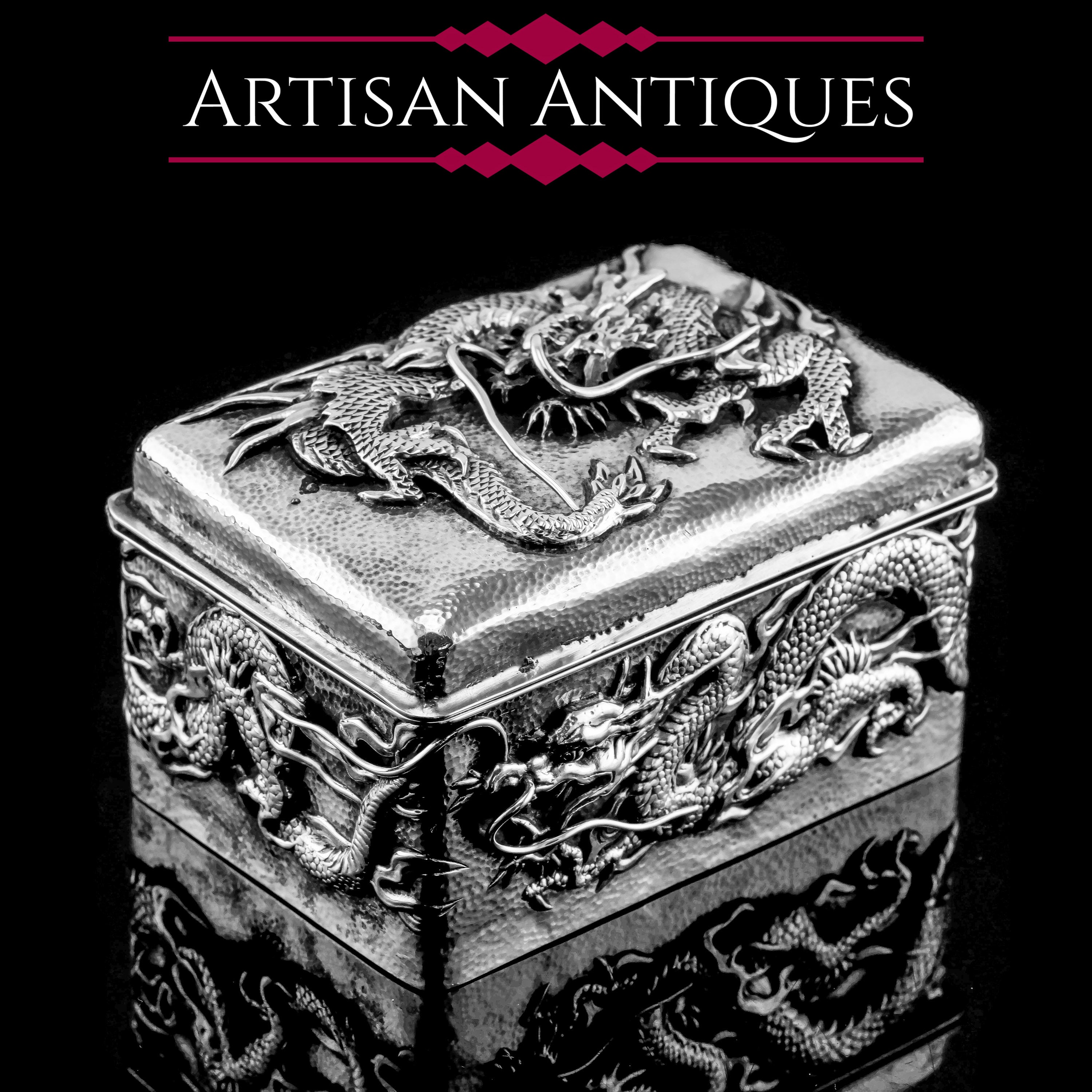 Antique Japanese Solid Silver Box with Embossed Dragons - Meiji Period