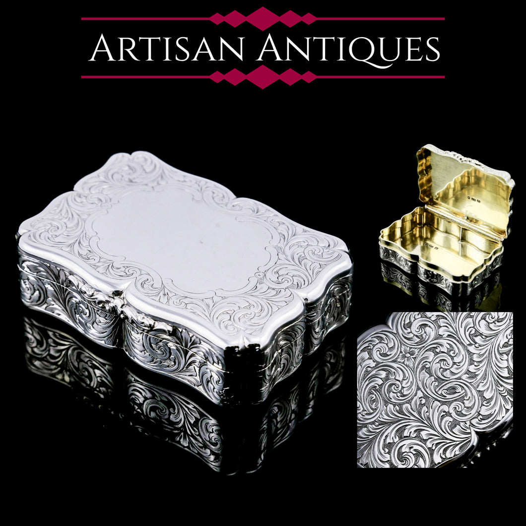 A Large Antique Victorian Solid Sterling Silver Table Snuff Box with Intricate Engravings - Edward Smith 1853