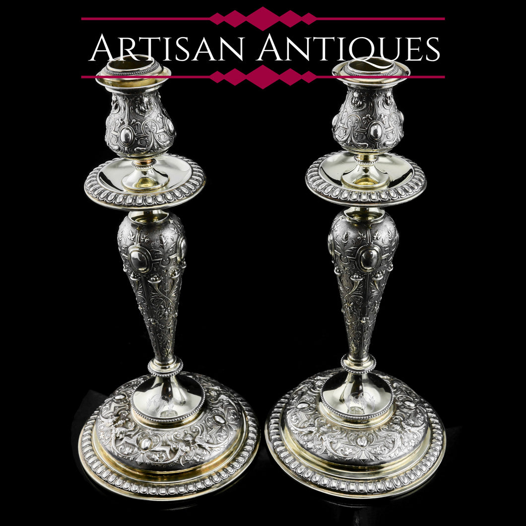 Magnificent Pair of Antique Solid Silver Parcel Gilt Candlesticks - c.1890s