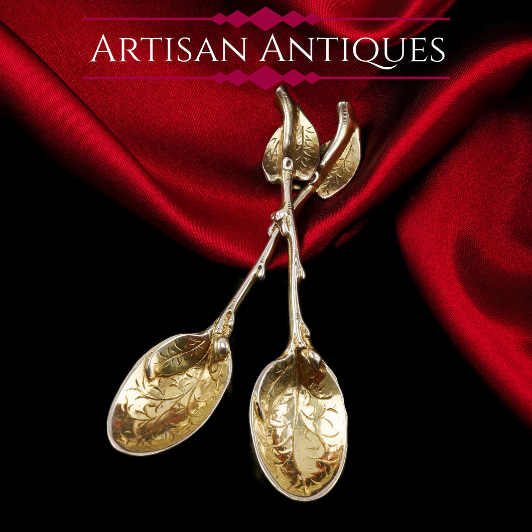 A Beautiful Pair of Antique Victorian Solid Silver Gilt Naturalistic Leaf Spoons - Sebastian Crespell 1842
