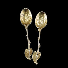 Load image into Gallery viewer, A Beautiful Pair of Antique Victorian Solid Silver Gilt Naturalistic Leaf Spoons - Sebastian Crespell 1842

