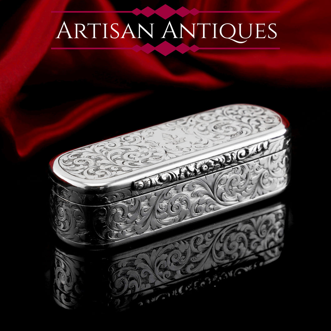 Antique Solid Silver Oval Snuff Box, Beautifully Hand Engraved - William Simpson 1840