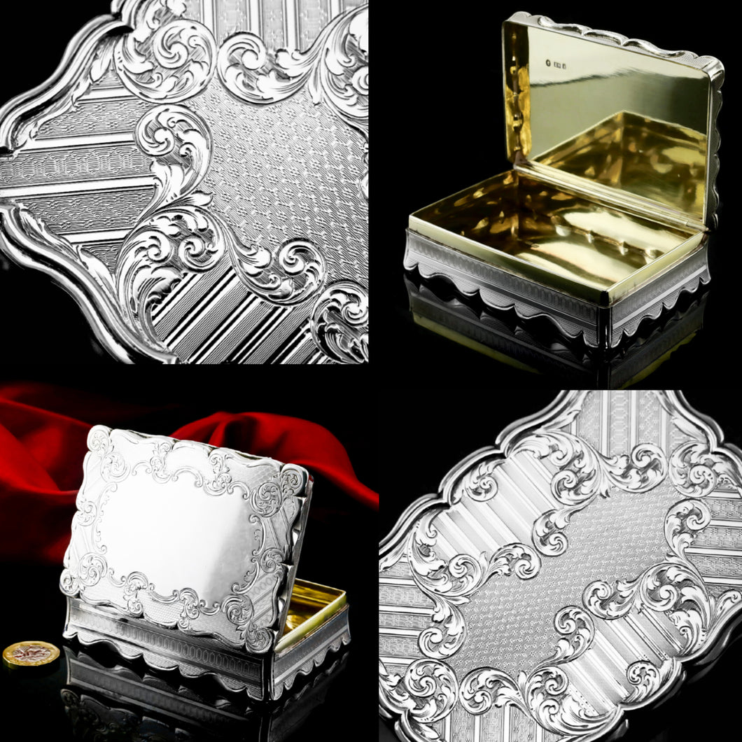 Antique Solid Silver Large Table Snuff Box with Magnificent Engravings - Edward Smith 1850