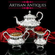 Load image into Gallery viewer, Antique Solid Silver Victorian Tea Set with Beautiful Chased Decoration - Roberts &amp; Slater 1849
