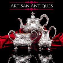 Load image into Gallery viewer, Antique Victorian Solid Silver 3 Piece Tea Set/Service with Fabulous &#39;Louis&#39; Style Chasing and Figural Masks - Barnard 1857
