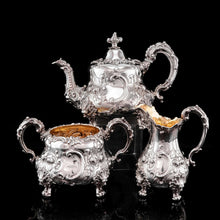 Load image into Gallery viewer, Antique Victorian Solid Silver 3 Piece Tea Set/Service with Fabulous &#39;Louis&#39; Style Chasing and Figural Masks - Barnard 1857
