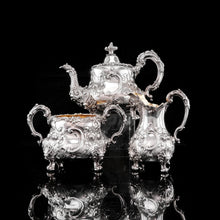 Load image into Gallery viewer, Antique Victorian Solid Silver 3 Piece Tea Set/Service with Fabulous &#39;Louis&#39; Style Chasing and Figural Masks - Barnard 1857
