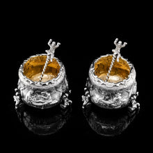 Load image into Gallery viewer, Rare Antique Victorian Solid Silver &#39;Teniers Pattern&#39; Salt Cellars - F B Thomas &amp; Co 1882
