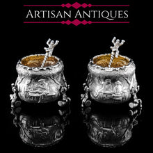 Load image into Gallery viewer, Rare Antique Victorian Solid Silver &#39;Teniers Pattern&#39; Salt Cellars - F B Thomas &amp; Co 1882
