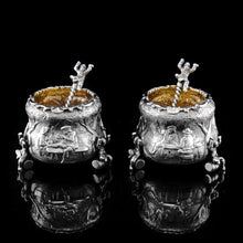 Load image into Gallery viewer, Rare Antique Victorian Solid Silver &#39;Teniers Pattern&#39; Salt Cellars - F B Thomas &amp; Co 1882
