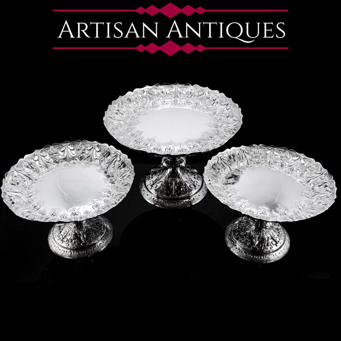 Magnificent Large Antique Victorian Set of Three Comport/Tazza Suites with Fine Chased Engravings - Martin Hall & Co 1890 - Artisan Antiques
