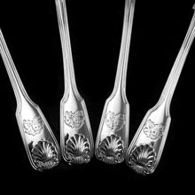 Load image into Gallery viewer, Antique Victorian Set of 4 Solid Silver Sauce Ladles/Spoons &quot;Fiddle Thread &amp; Shell&quot; Pattern - Chawner &amp; Co 1845
